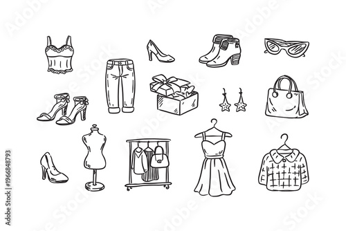 Hand-drawn fashion and clothing icons set featuring dresses, shoes, mannequin, clothes rack, sunglasses, and accessories. Linear vector illustration for boutique or wardrobe.