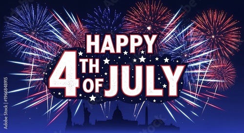 Colorful fireworks display celebrating happy fourth of july holiday with city skyline silhouette