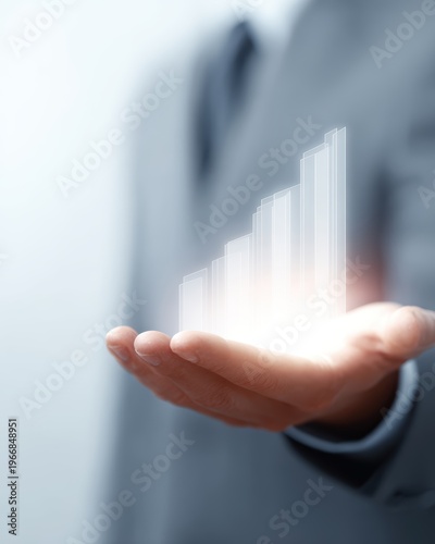 Businessman presenting glowing upward financial chart above palm, isolated on white background, growth concept