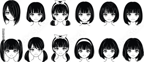 Collection of anime girl character faces with various short and medium black hairstyles for design isolated on transparent background