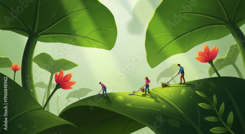 People gardening on giant leaves with flowers in a whimsical natural setting outdoors