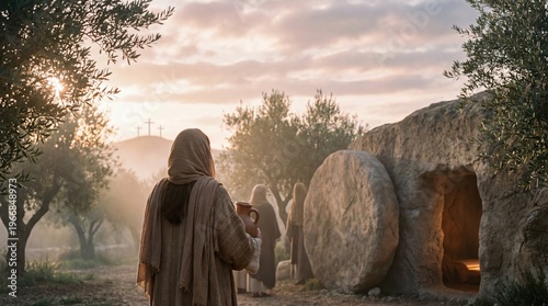 Woman standing near empty tomb of Christ on Resurrection morning. Biblical scene of Easter with crosses on a hill. Christian religious concept.