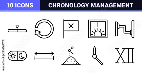 Time Management and Productivity Geometric Line Art Set. Ultra-minimalist monoline vector outlines for scheduling and efficiency tracking.