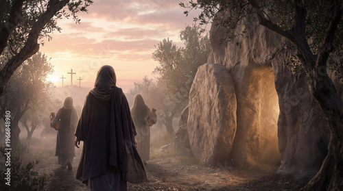 Three women walking toward open empty tomb at sunrise. Biblical Easter scene of resurrection. Religious event for Christian holiday.