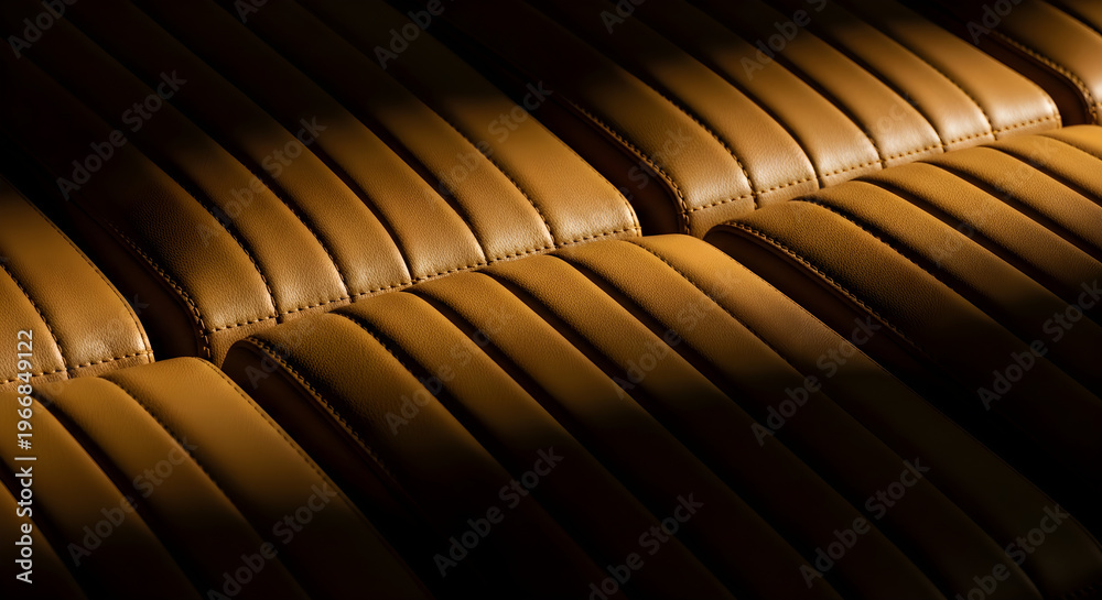 Naklejka premium Close up of quilted tan leather car seat upholstery with rhythmic stitching pattern shot under dramatic natural light in a minimalist style
