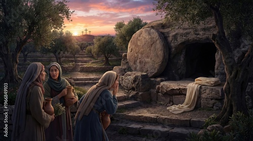 Three women discover an empty tomb with burial cloths, symbolizing the Resurrection of Jesus Christ on Easter morning.