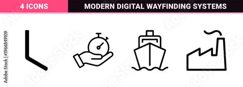 Global Navigation and Time Management Interface Symbols. Ultra-Minimalist Geometric Black Outlines for Professional Digital Wayfinding Systems.