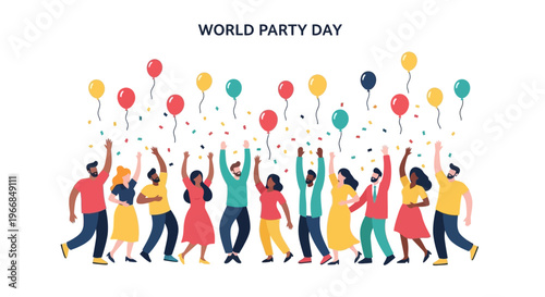 Colorful illustration of a diverse group of people celebrating World Party Day with balloons and confetti on a white background.