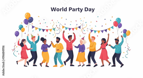 Illustration of diverse people celebrating World Party Day with colorful balloons and confetti on a white background.