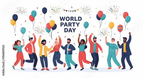 Vector illustration of a diverse group of people celebrating World Party Day with balloons and festive decorations on a white background.