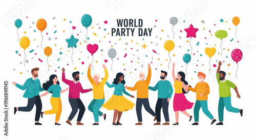 Vector illustration of diverse people dancing and celebrating on World Party Day with colorful balloons and confetti on a white background.