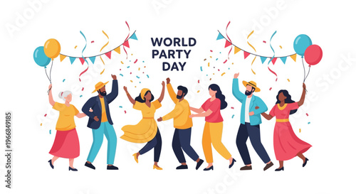 A colorful illustration of diverse people celebrating World Party Day with balloons and confetti on a white background, conveying a joyful and festive mood.