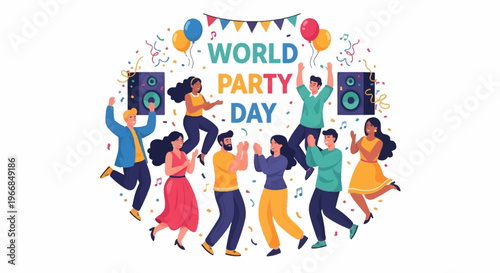 Colorful illustration of people celebrating World Party Day with a lively design on a white background, featuring a vibrant character art style.