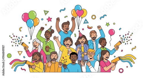 A diverse group of people celebrating World Party Day with colorful balloons and confetti on a white background, conveying a joyful and festive atmosphere in a vibrant illustration.