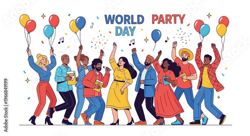 Colorful illustration of diverse people celebrating World Party Day with balloons and confetti on a white background, conveying a joyful mood.