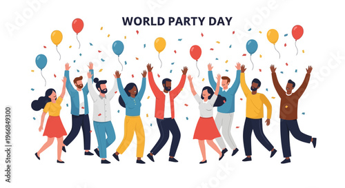 Vector illustration of diverse people celebrating World Party Day with raised arms and colorful balloons on a white background.