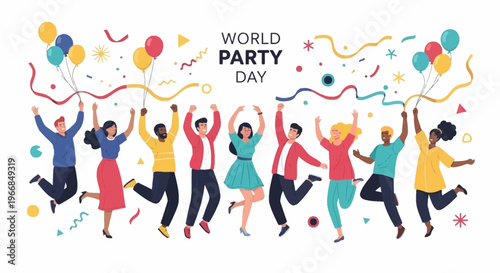 Colorful illustration of people jumping and celebrating on World Party Day with confetti and balloons on a white background.