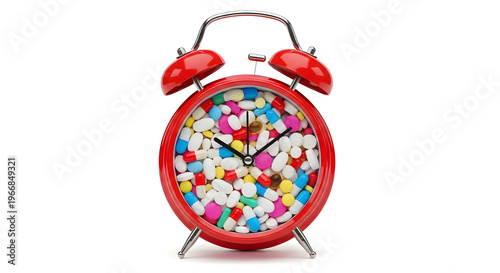 A red alarm clock with colorful puzzle pieces on its face sits on a white surface