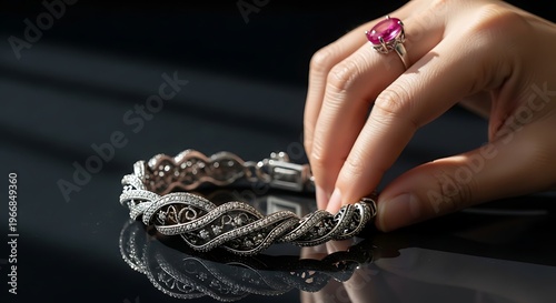 Elegant Hand Wearing Luxurious Diamond and Gemstone Bracelet with Ring Featuring Pink Gemstone