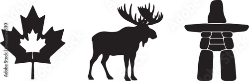 Canada symbols, icons, maple leaf, moose, totem, silhouette isolated on Transparent Background