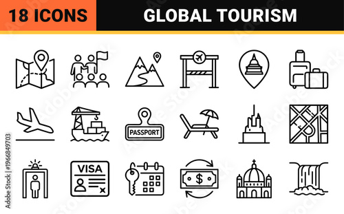 Professional Global Tourism and Vacation Planning Outline Icon Set Featuring Ultra Minimalist Monoline Geometric Line Art for Digital Maps
