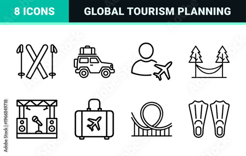 Global Tourism and Vacation Planning Icons Featuring Ultra Minimalist Monoline Geometric Line Art for Travel Agency Services and Adventure.