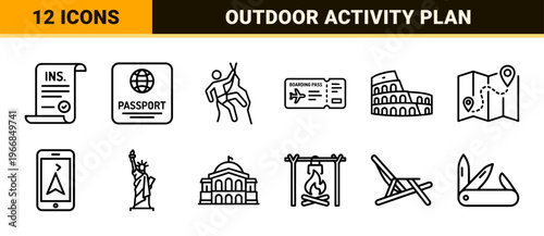 Ultra-Minimalist Monoline Travel and Outdoor Adventure Outline Symbols featuring Geometric Line Art for Commercial Wayfinding and Web Design