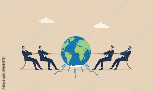 Geopolitics commercial concept, businessmen countries pulling tug of war on world planet earth