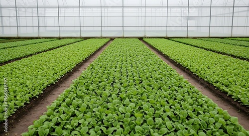 Fresh green leafy vegetables growing in organized rows inside a large greenhouse facility