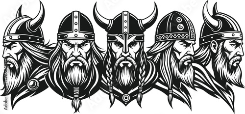 Black and white illustration of a group of five fierce viking warriors with helmets and beards isolated on transparent background