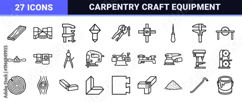 Woodworking and Carpentry Monoline Geometric Line Art Featuring Hand Tools and Hardware for Professional Construction and Crafting Projects