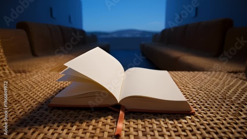 Open Blank Book Resting on Woven Surface With Sofas and Blue Sky in Background