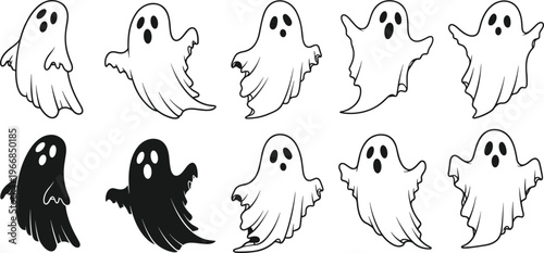 Collection of ten spooky cartoon ghost illustrations in various floating poses for halloween isolated on transparent background