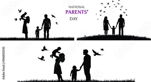 Family silhouette with birds celebrating parenthood and togetherness in nature