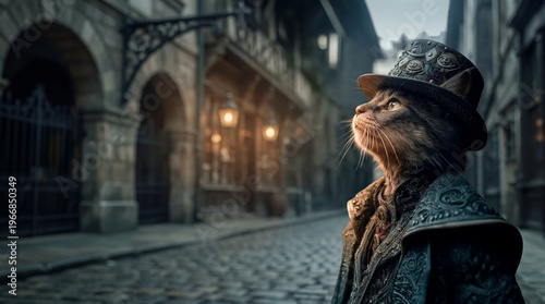 Steampunk Cat In Victorian Top Hat On Cobblestone Street