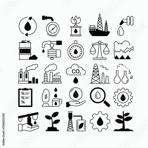 Set of Industry and Energy Icons Oil, Gas, Ecology, and Manufacturing, Oil Drop