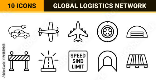 Ultra-Minimalist Monoline Transportation and Logistics Icon Set featuring Geometric Line Art Symbols for Urban Mobility and Global Shipping