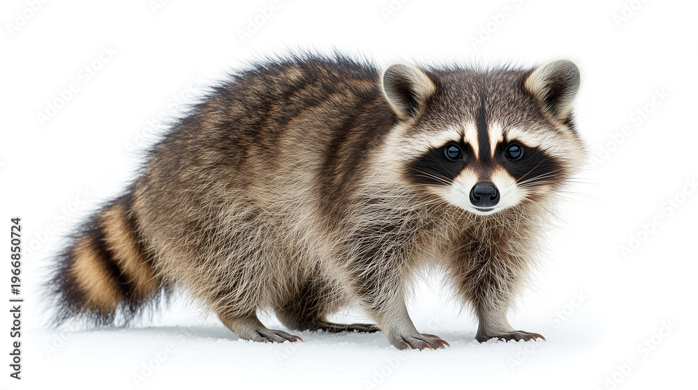 Obraz premium Raccoon on white background, looking at the camera .