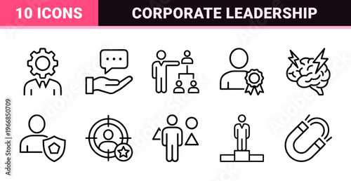 Leadership and Corporate Trust Monoline Icon Set featuring Business Reputation, Strategic Management, and Ethical Authority Symbols for Professional Design.