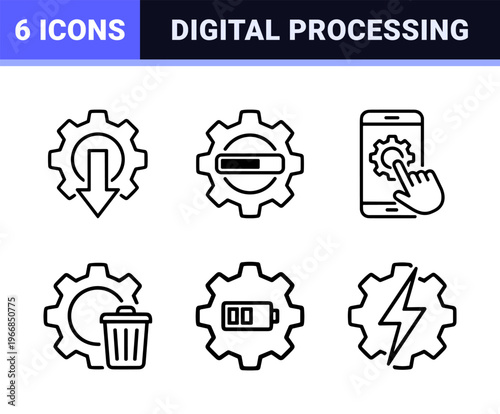 Software Update and System Maintenance Ultra-minimalist Monoline Icon Set, Geometric Technical Configuration Symbols for UI Design.