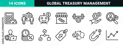 Treasury Services and Global Liquidity Management Icon Set featuring Ultra-minimalist Monoline Geometric Line Art for Corporate Finance.