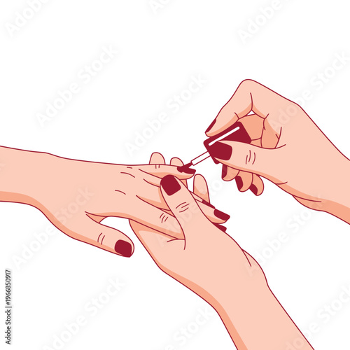 A nail technician applies red polish on a client's hand on Nail Day