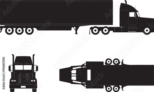 Semi trailer truck silhouette on white background. Vehicle icons set view from side, front, back, and top