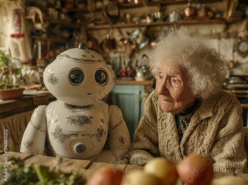 Elderly Woman With Vintage Porcelain Robot Companion Sitting in Cozy Kitchen