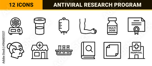 Antiviral Serum and Vaccine Research Ultra-Minimalist Monoline Icons for Medical Science, Healthcare Immunity, and Laboratory Biotechnology Analysis.