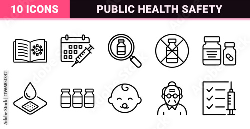 Antiviral Serum and Vaccination Treatment Line Art Symbols for Medical Healthcare Applications and Pharmaceutical Research Documentation.