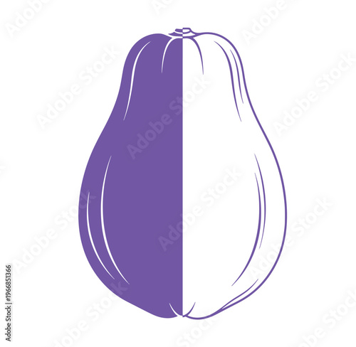 Purple pear illustration divided in half on white background