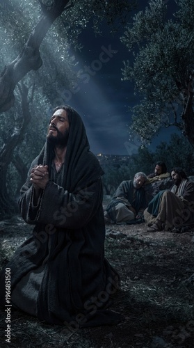 Jesus praying in Gethsemane garden at night. Man in robe kneeling under olive tree while disciples sleep. Biblical scene of suffering before crucifixion. Religious spiritual faith concept.