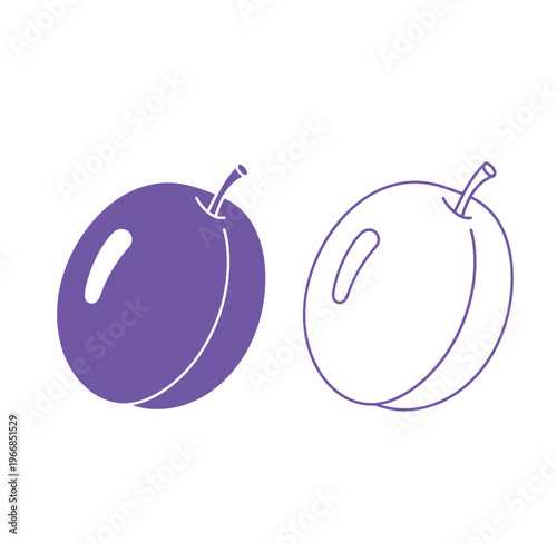 Purple plum fruit icons in filled and outline style for food illustration