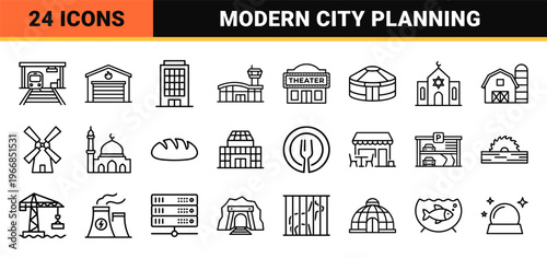 Ultra-Minimalist Monoline Architecture Icons for Real Estate and Urban Planning Featuring Clean Geometric Line Art for Commercial Web Design